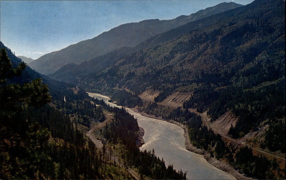 Railway Fraser Canyon British Columbia Canada aerial view ~ 1950-60s postcard