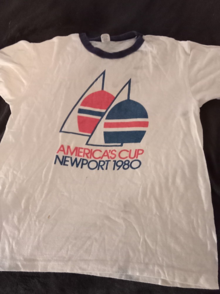 Hanes America's Cup Newport 1980 Ringer Graphic Tee White M 38-40 Cotton Blend