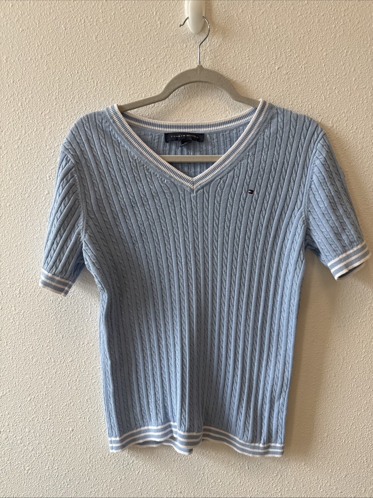TOMMY HILFIGER CABLE KNIT SHORT SLEEVE COTTON  SWEATER BLUE  Small