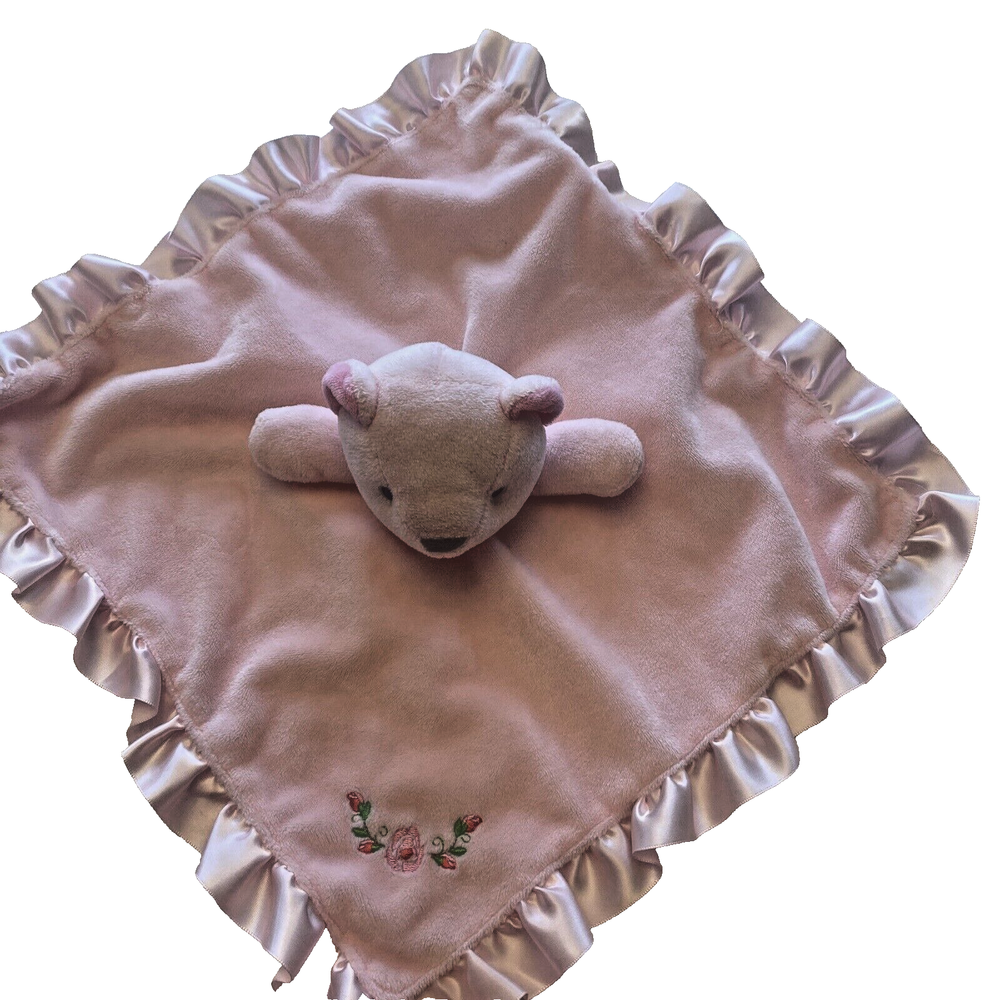 Stepping Stones Pink Bear Flowers Security Blanket Lovey Satin Ruffle Trim