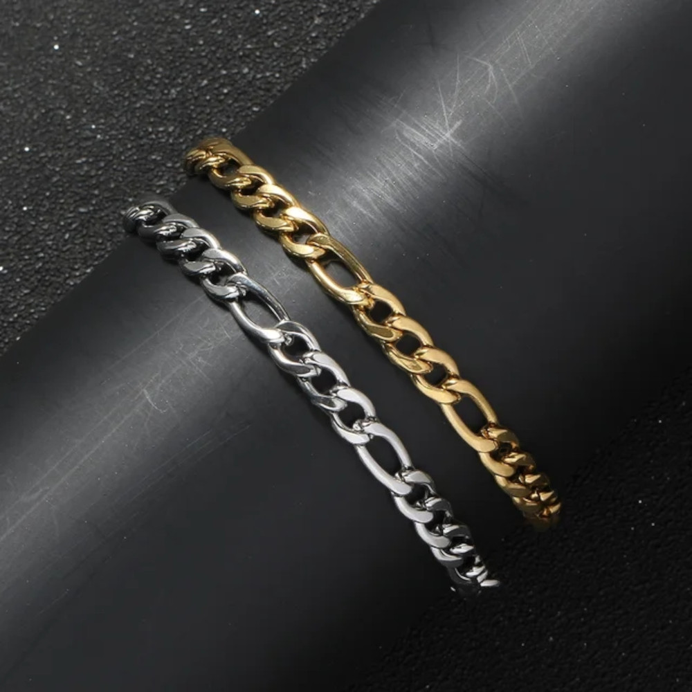Gold Plated Stainless Steel Figaro Chain Bracelet 5mm Women Hip Hop Jewelry Men