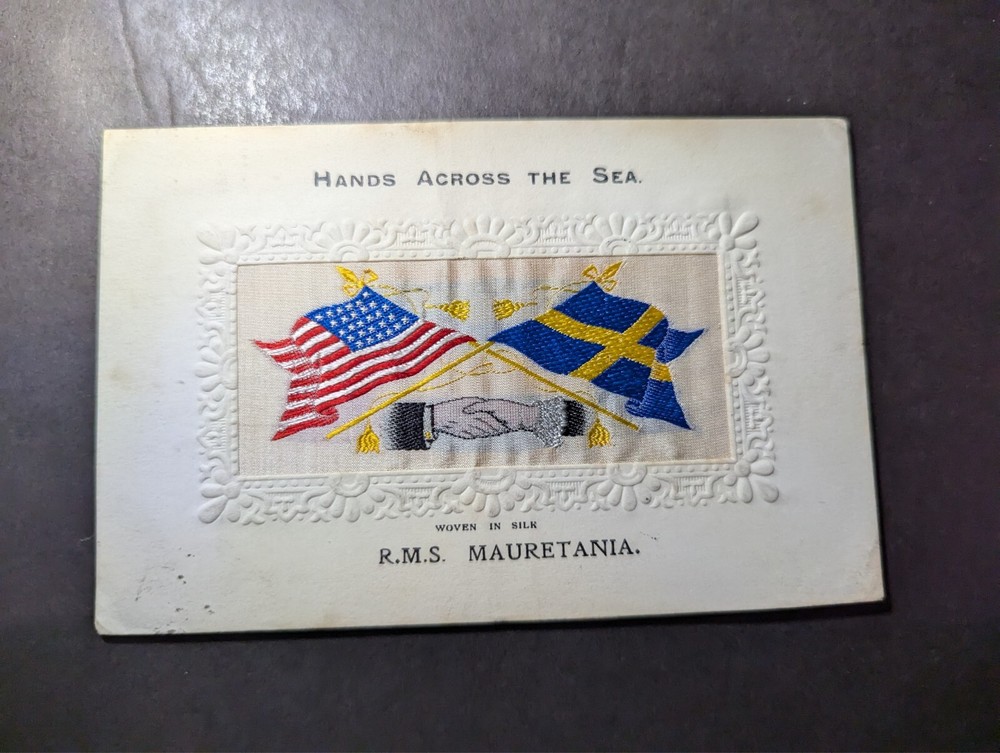 Mint USA Silk Ship Postcard Hands Across The Sea RMS Mauretania Sweden America