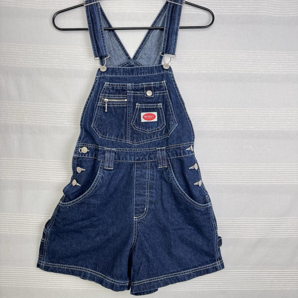 Y2K Revolt Denim Shortalls S 100% Cotton Grunge Utility Cargo ZipDetail Overalls