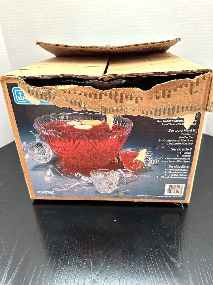 Vintage Anchor Hocking Arlington Punch Bowl Set with Original Box