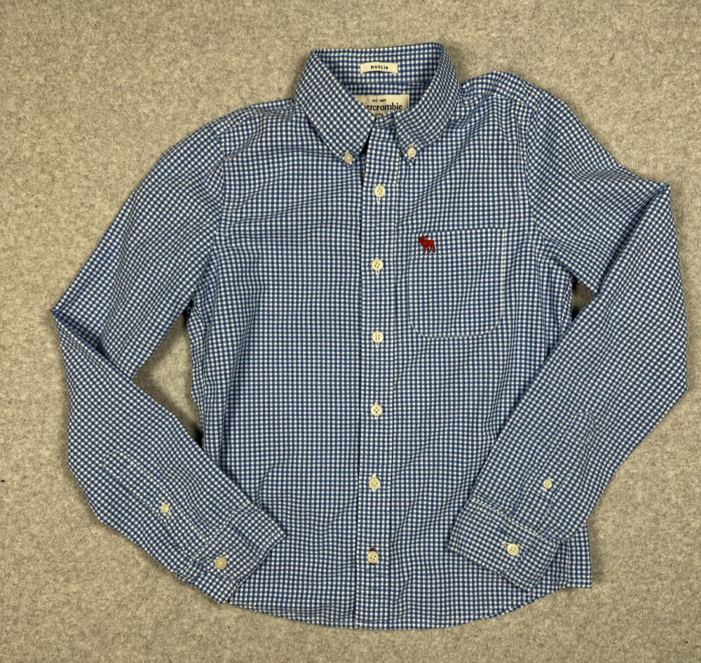 Abercrombie & Fitch Boys Muscle Button Down Shirt Large Blue Gingham Collar XL