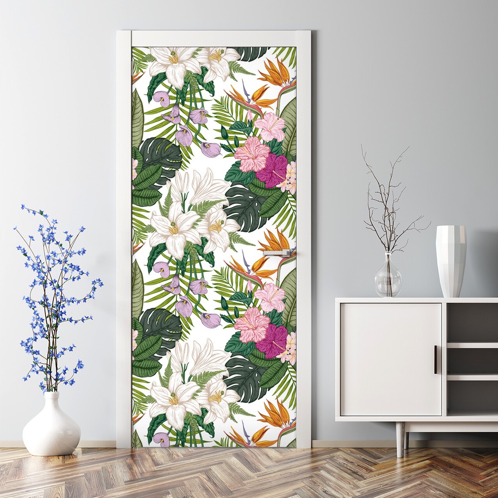 Vibrant tropical floral removable Door sticker self-adhesive Exotic wall Flowers