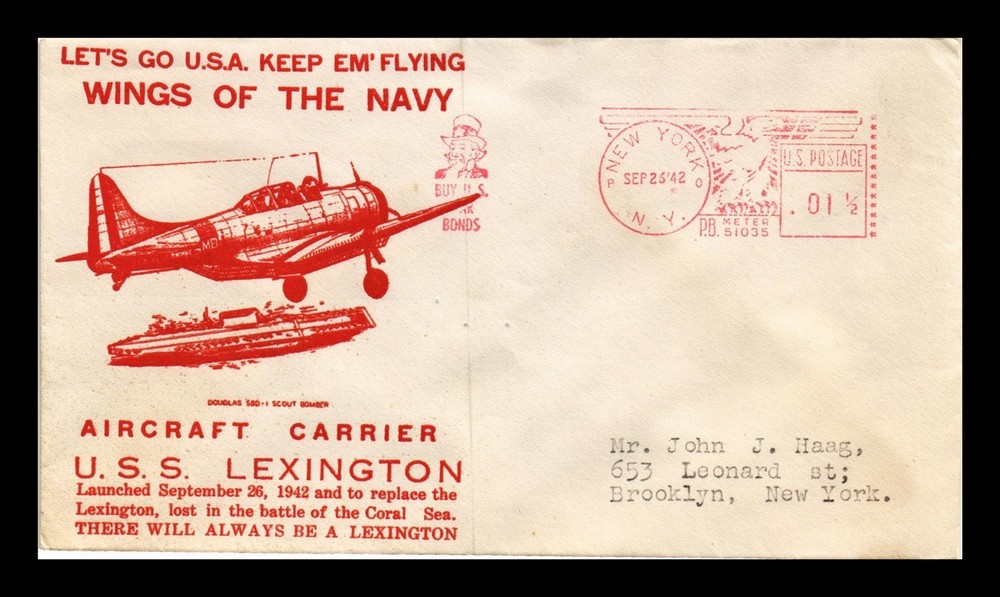 Dr Jim Stamps Us Cover Wwii Uss Lexington Navy Aircraft Carrier Patriotic