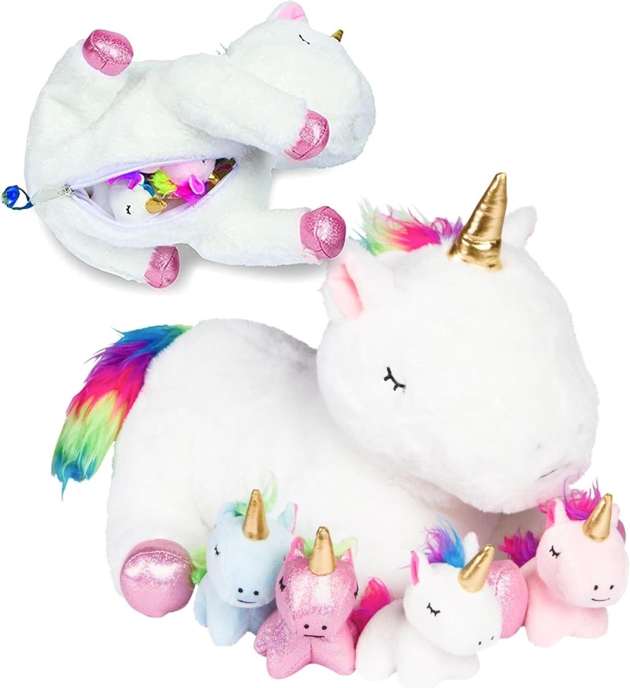 PixieCrush Unicorn Stuffed Animals for Girls, Set of 5 Mommy Unicorn with Babies
