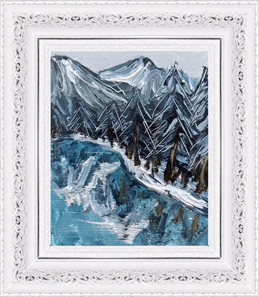 Framed Frozen Lake View In Winter Mountains Oil Painting Snowy Shore Coastline