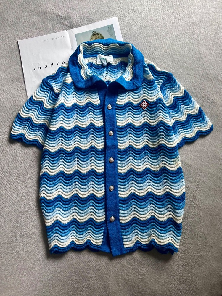Casablanca Degrade Crochet Knit Wavy Gradient Button-Up Polo T-Shirt Men Size L