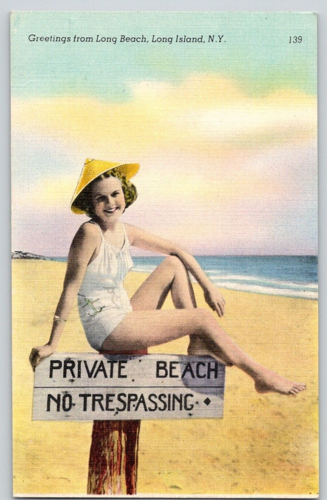NY Long Island Greetings from Long Beach Woman Bathing Suit Linen Vtg Postcard