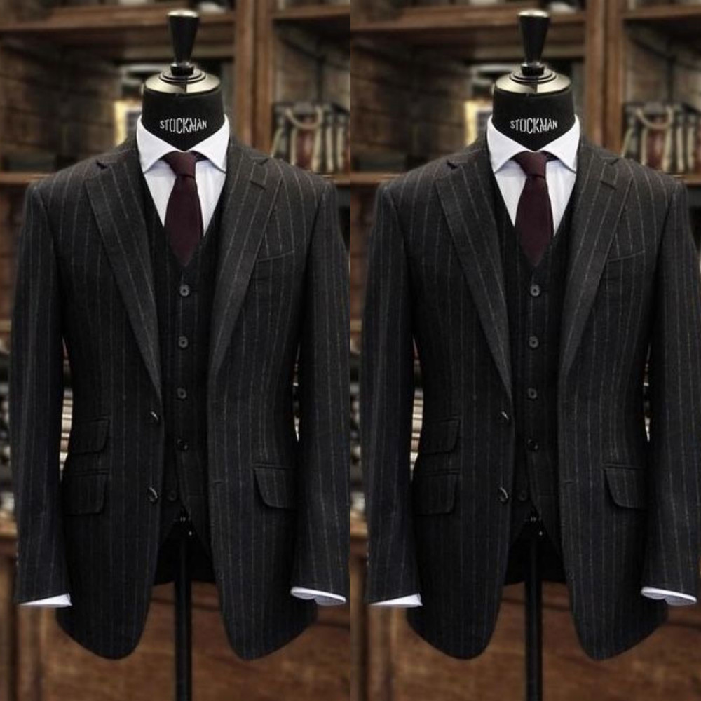 Striped Black Men's Suit Workwear Offical 3Pcs Business Formal Tuxedo Jacket