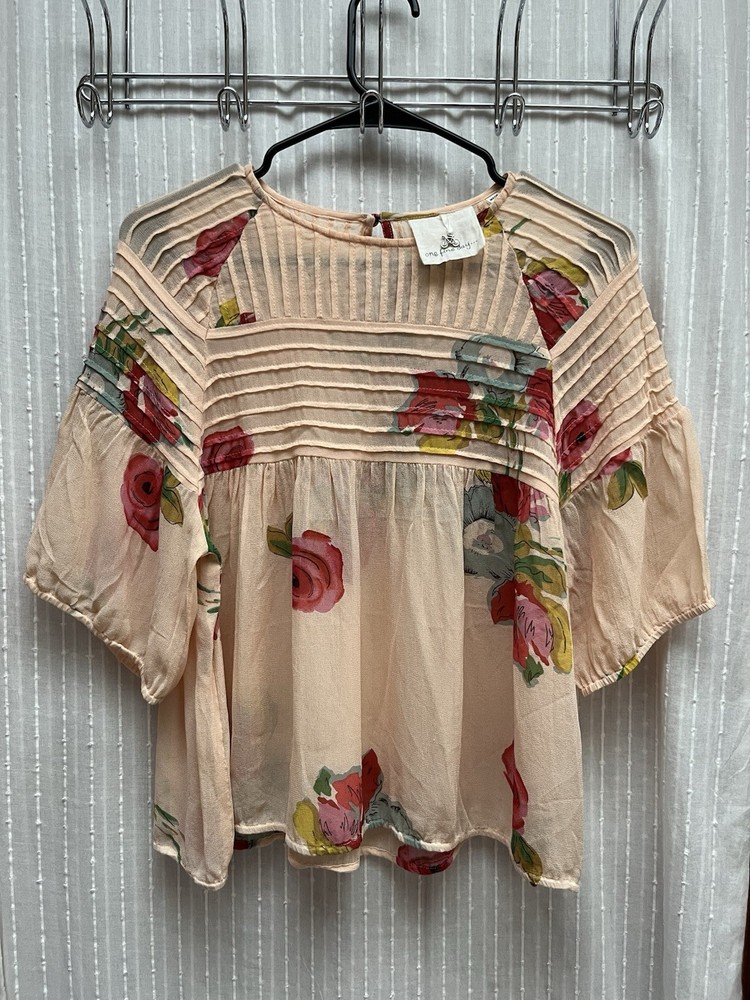 Anthropologie One Fine Day Peach Floral Pintuck Sheer Blouse Top Size S