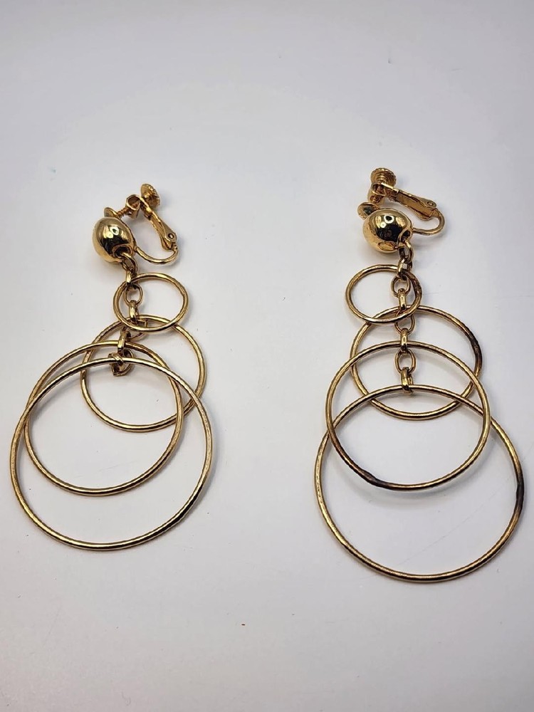 Vtg Napier Gold Tone Dangle Hoop Earrings. Clip On