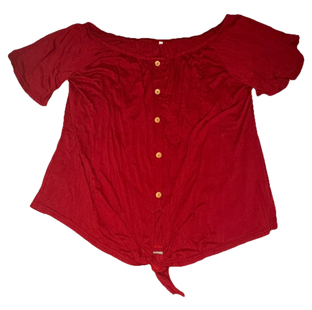 Women's Red Solid Blouse Short Sleeve Round Neck Button Front Tie Hem Size L