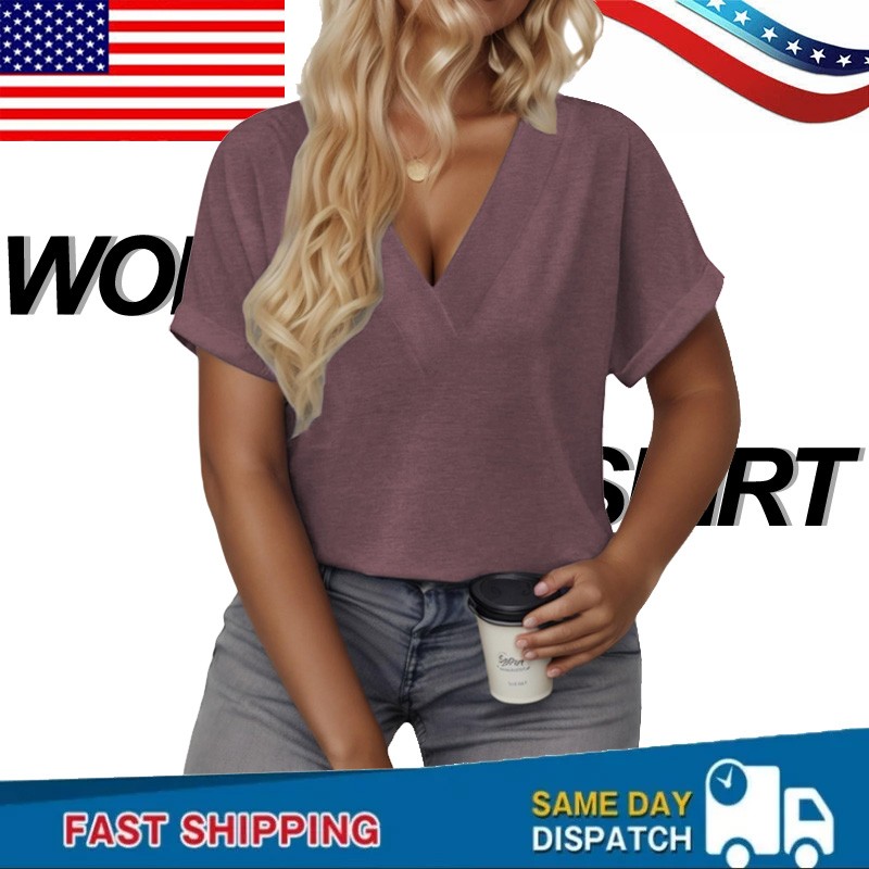Casual Womens V-neck T-shirt Breathable Soft Lightweight Short Sleeved Plus Size