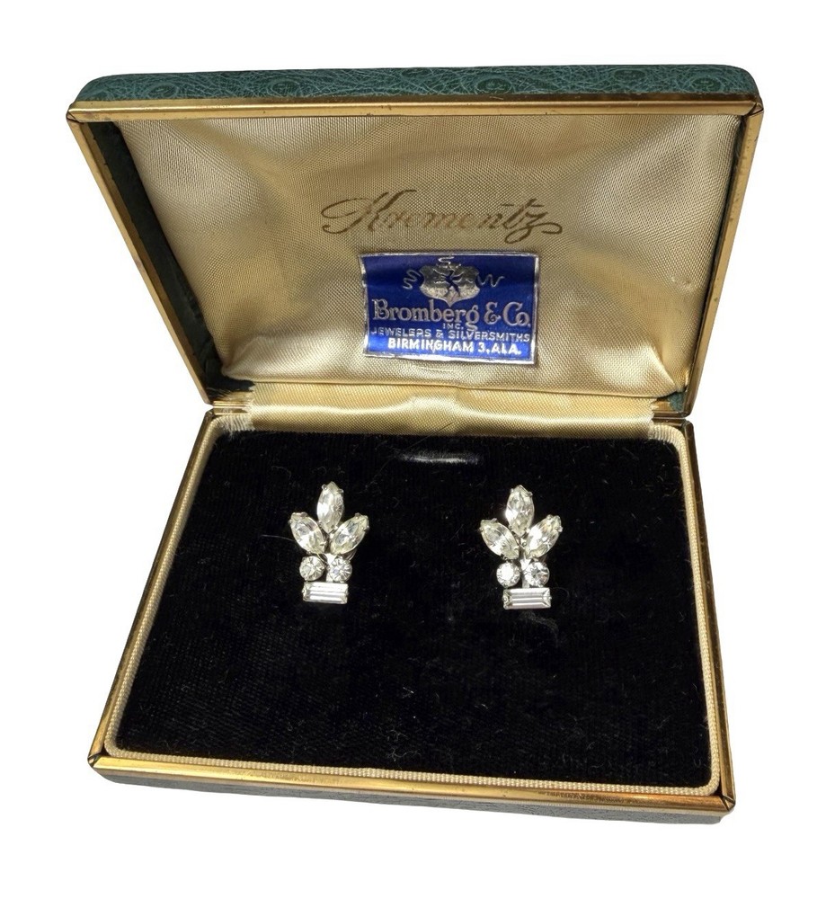Vintage Krementz Rhinestone Screwback Earrings w Box Pamphlet Bridal Clip On
