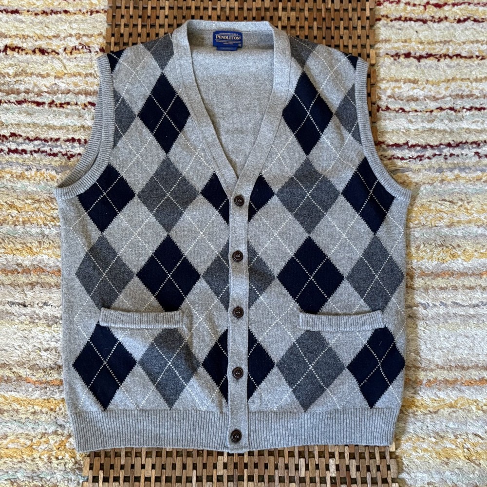 Pendleton 100% Lambswool Argyle Cardigan Sweater Vest Grey Men's Large L