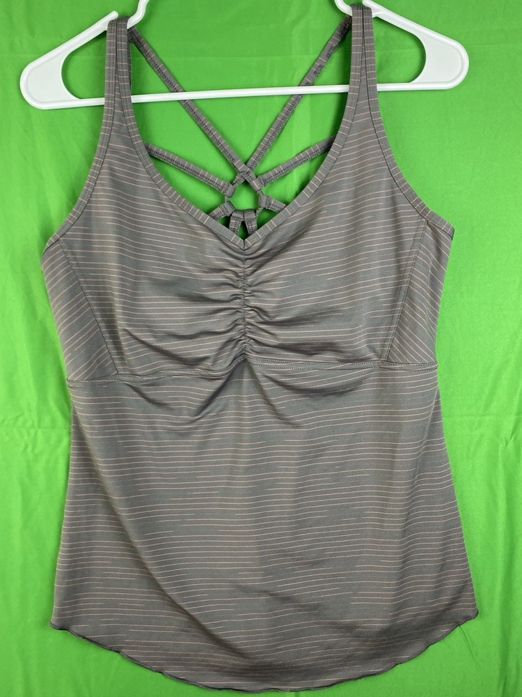 PrAna Striped Filament Tank Top Yoga Criss Cross Back Grey/White Sz Womens Large