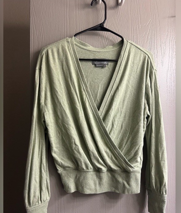 Anthropologie Sage Green Wrap Long Sleeve Top Size Extra Small