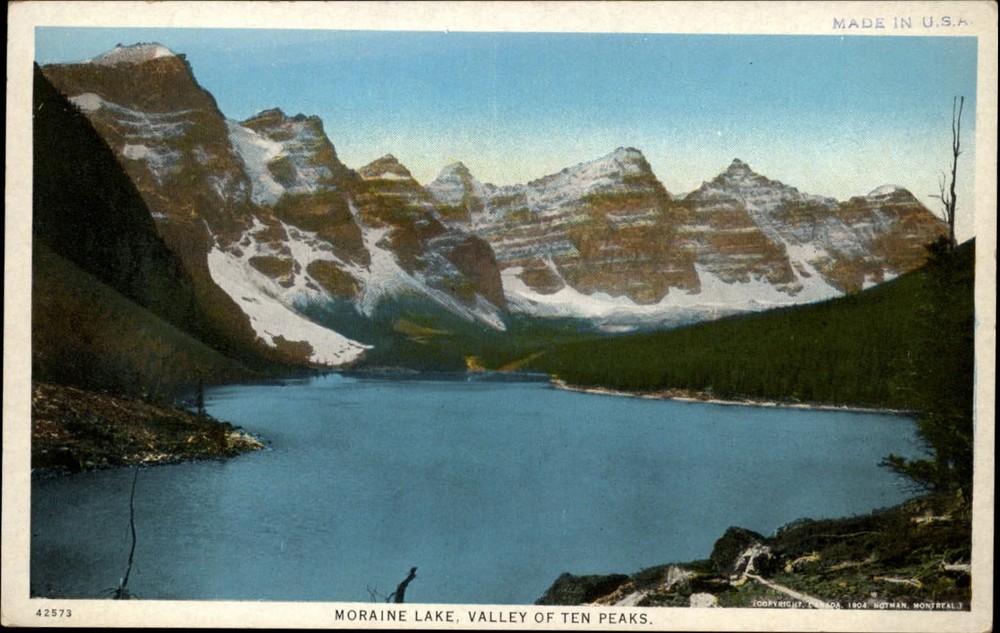 Alberta Canada Moraine Lake Valley Ten Peaks snow ~ 1920s vintage postcard