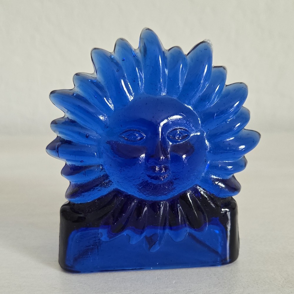 Vintage 1990s Cobalt Blue Glass Sun Celestial Tea Light Votive Candle Holder
