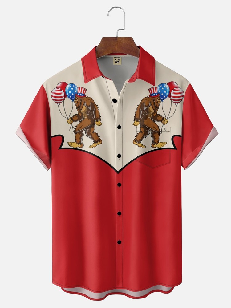 American Flag Bigfoot Chest Pocket Holiday Shirt
