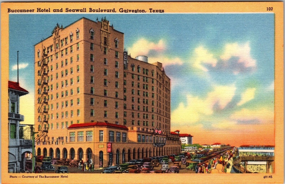 Galveston TX-Texas, Buccaneer Hotel, Seawall, Vintage Postcard