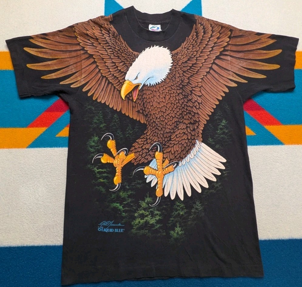 Vintage Liquid Blue Bald Eagle 1994 USA Made Single Stitch All Over Print Large