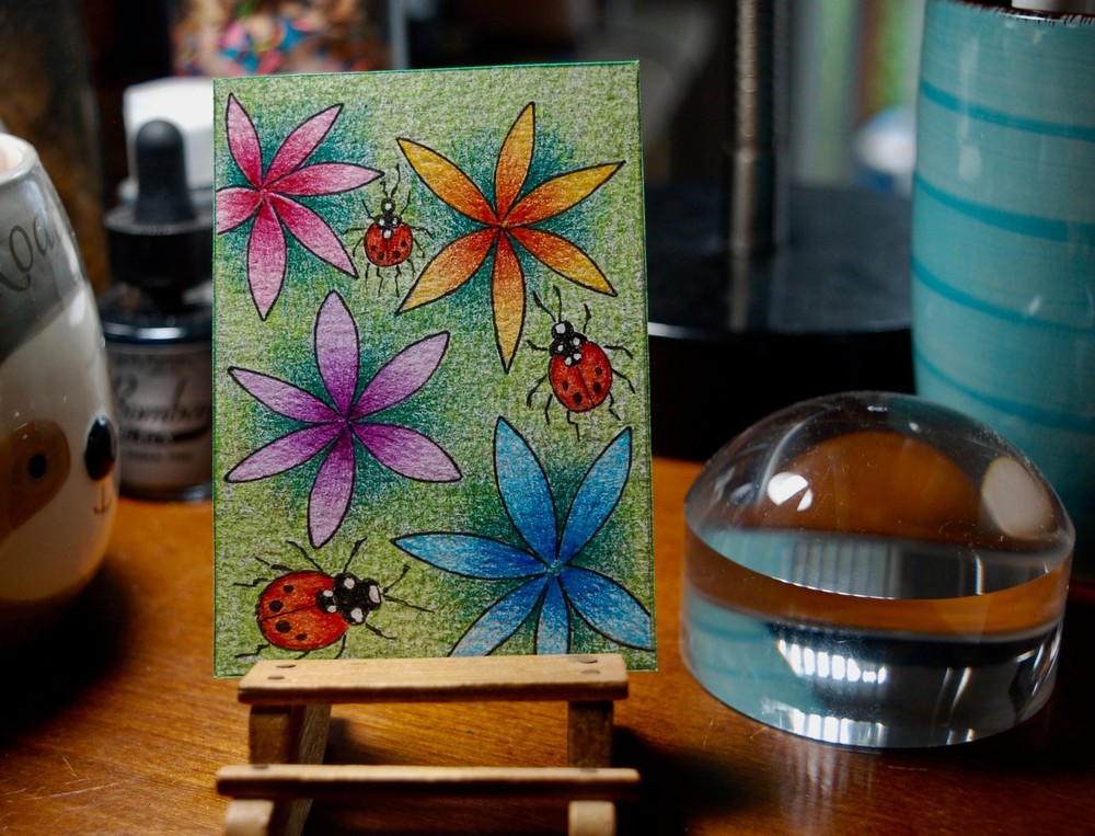 Original ACEO Flowers & Ladybugs - Hand Painted Art Card  2.5 X 3.5