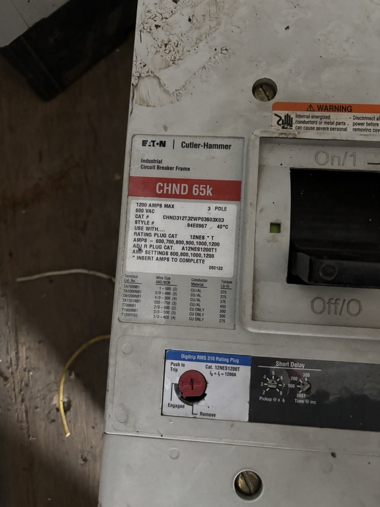 Eaton Cutler-Hammer CHND 65k 1200A 600VAC 3-Pole Circuit Breaker Digitrip RMS 3…