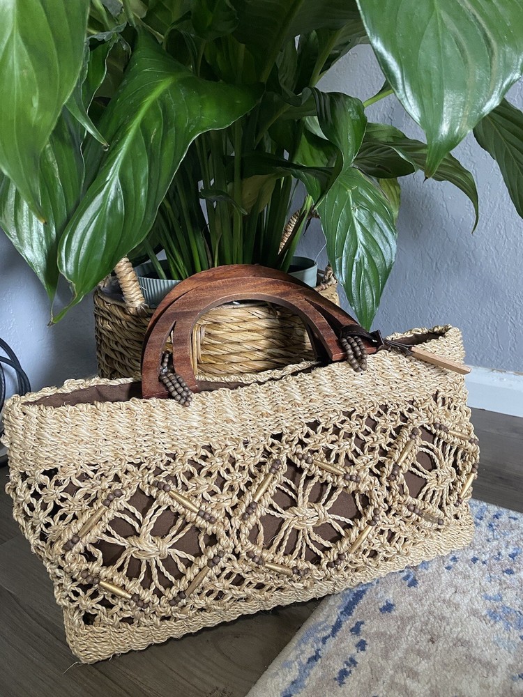 Anne Klein Woven Straw Beach Tote Boho Summer Bag Coastal Cottage Style  