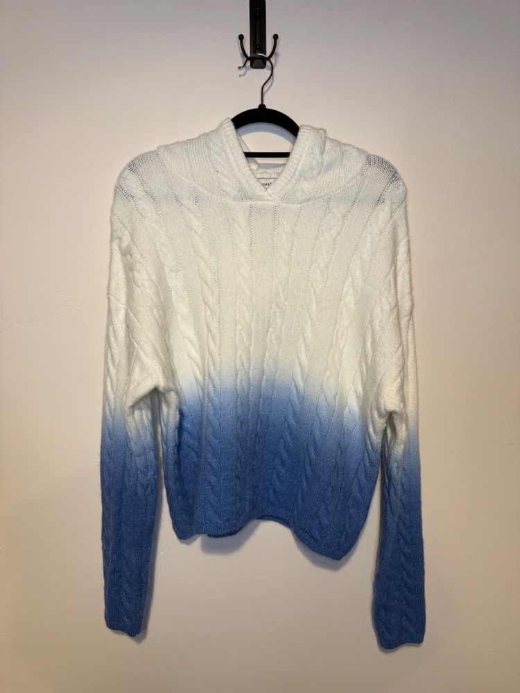NEW FRANCESCAS Blue White Cable Knit Ombré Hoodie Sweatshirt Large