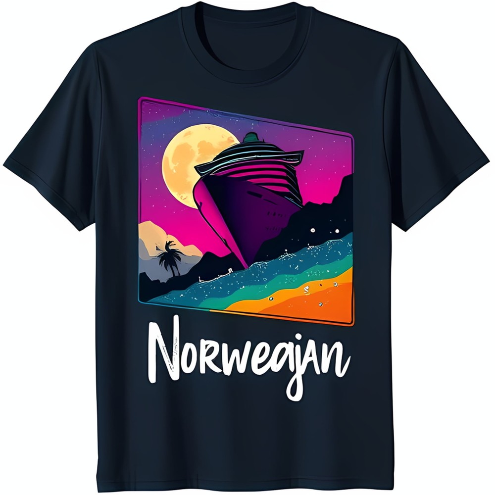 Vibrant Cruise Ship Sunset Graphic Tee Dark Blue with Trees