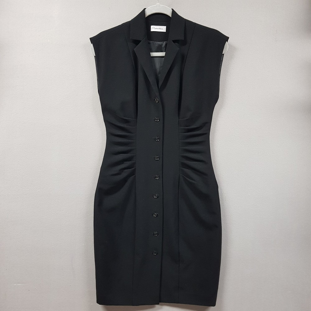 Calvin Klein Womens XS Black Sleeveless Ruched Button Front Sheath Dress for Work