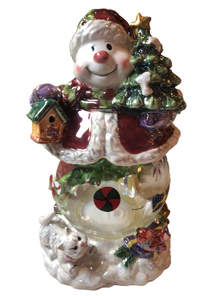 Snowman Candy Dish with Tree Birdhouse Cat and Bird Figurines Holiday Decor