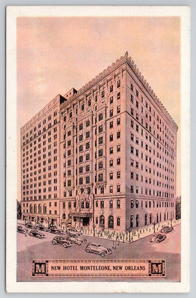 Vintage NEW HOTEL MONTELEONE New Orleans LA Postcard E.C. Kropp 1930s Cars