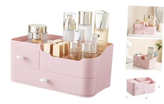 Plastic Makeup Organizer for Vanity with 2 Drawers Large Skincare Organizers