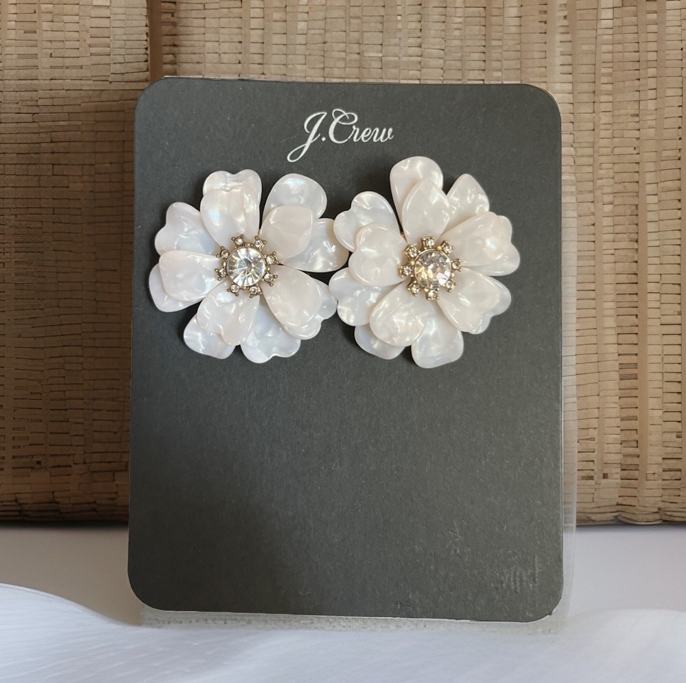 J Crew White Floral Statement Crystal Center Post Earrings NWT