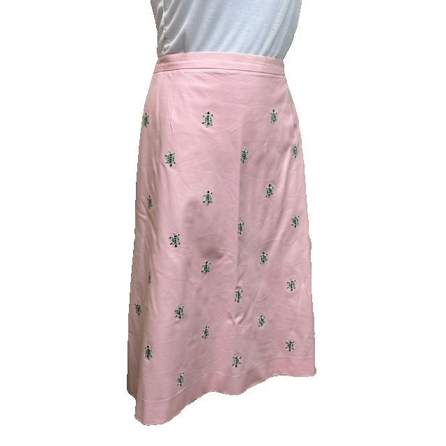 Brooks Brothers Pink A-Line Skirt w/ Embroidered Green Turtles, Sz 14, Cotton