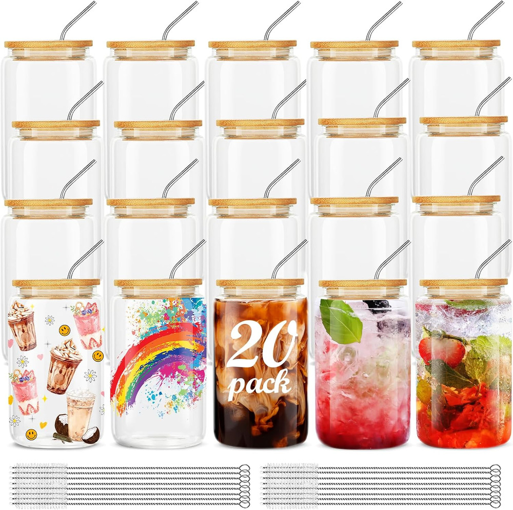 20Pcs Glass Cups with Bamboo Lids and Straws,16Oz Ice Coffee Cup,Drinking Glasse