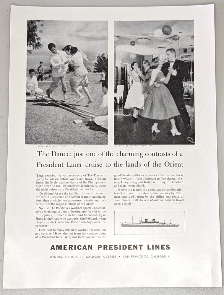 1958 American President Lines Vintage Print Ad Cruise Hawaii Hong Kong Manila