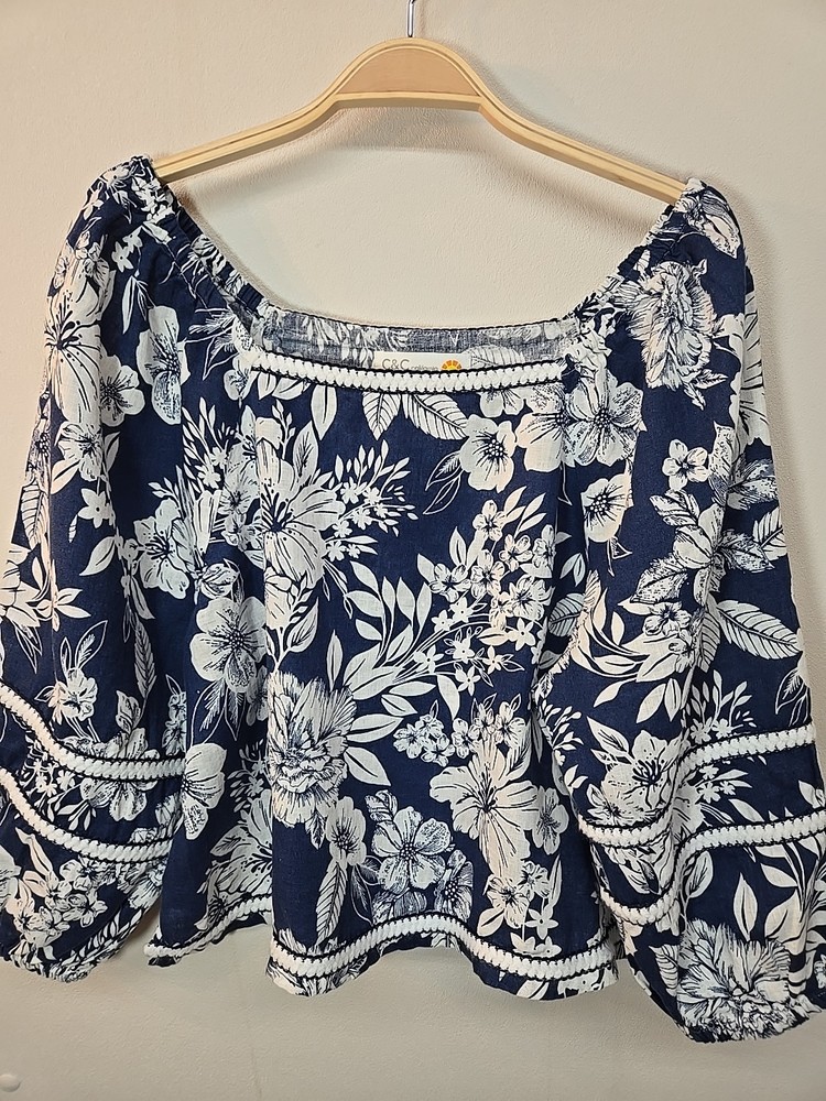 C&C California Linen Navy/White Floral Square neck Puff Sleeve Boxy Top Women L