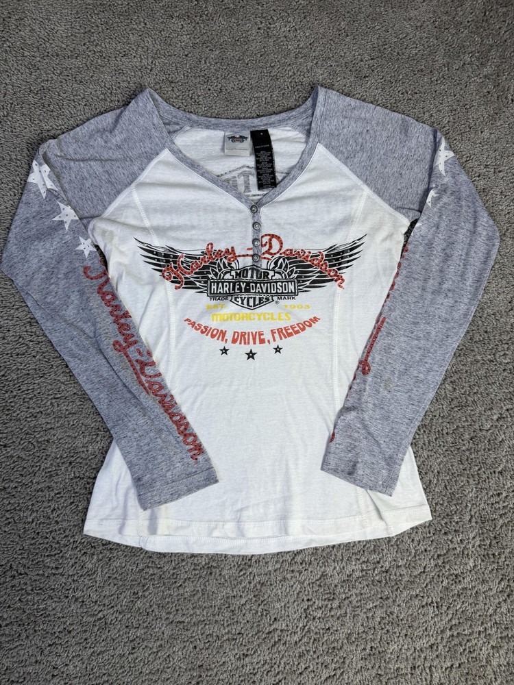 Harley-Davidson Shirt Womens S White Long Sleeve V-Neck Studded Rhinestone