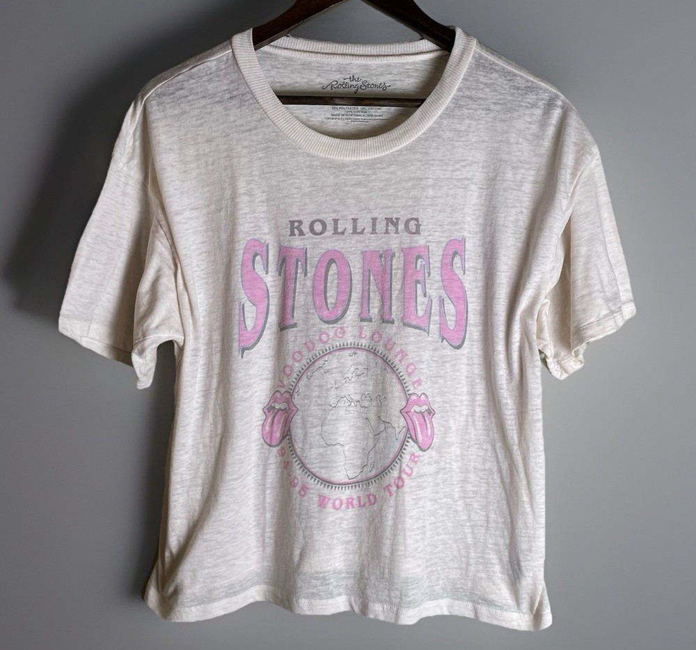 Rolling Stones VooDoo Lounge T-Shirt Women’s  Sz Large Cropped Ivory Pink Band T