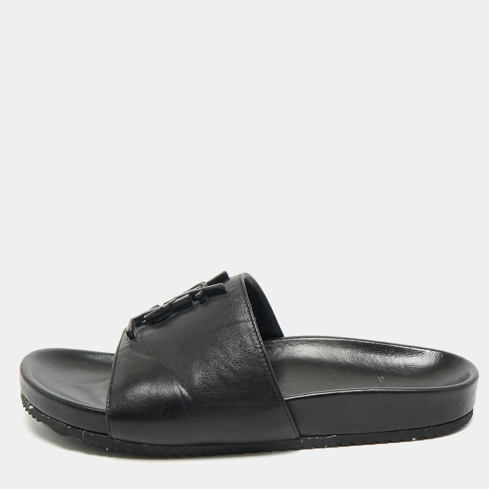 Saint Laurent Black Leather Joan Flat Slide Sandals Size 36.5