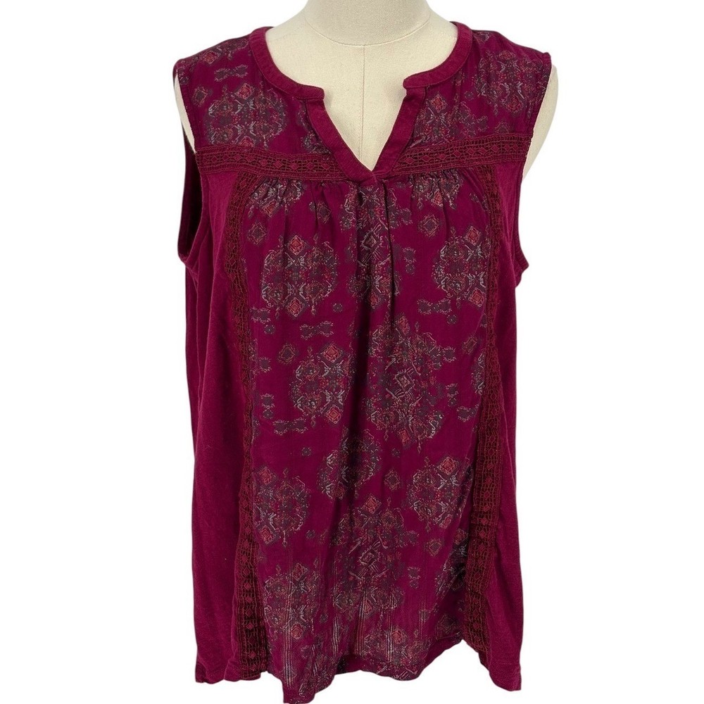 St. John's Bay Sleeveless Top Berry Medallion Print Crochet Trim Large