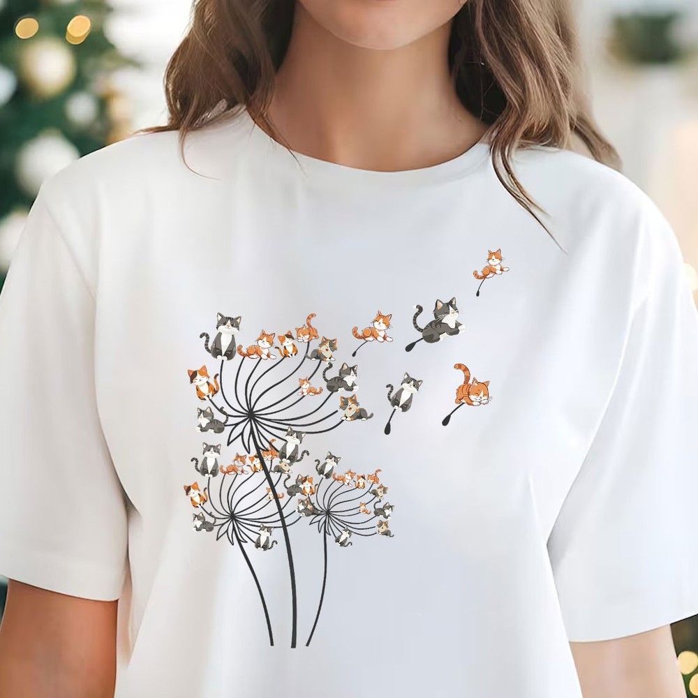 Cute Dandelion Cat T-Shirt Floral Cat Graphic Tee for Women