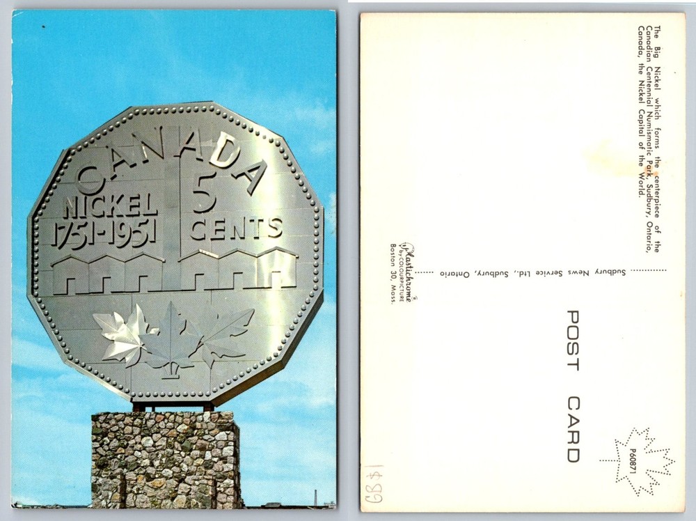 Vintage Big Nickel Sudbury Ontario Canada Postcard - Plastichrome Chrome