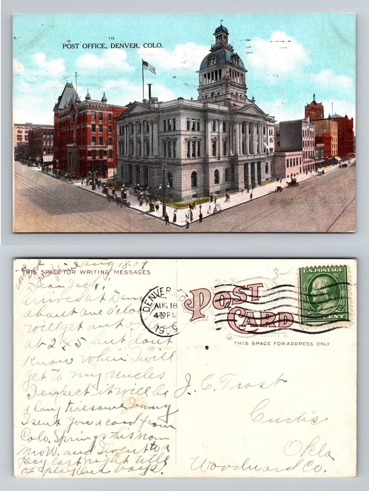 Denver, CO-Colorado, Post Office Building Downtown Scene Vintage c1909 Postcard